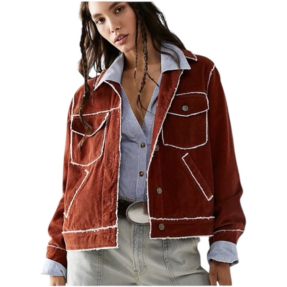 NEW Free People Heartland Workwear Jacket Orange Rust Frayed Edges S - Picture 1 of 10